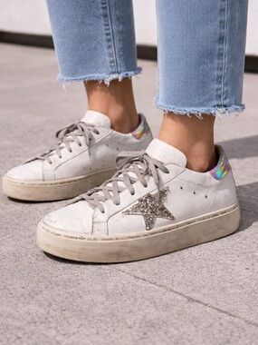 Golden Goose Hi Star White Leather Glitter Star Mirror Heel Shoes Sneakers Sz 39